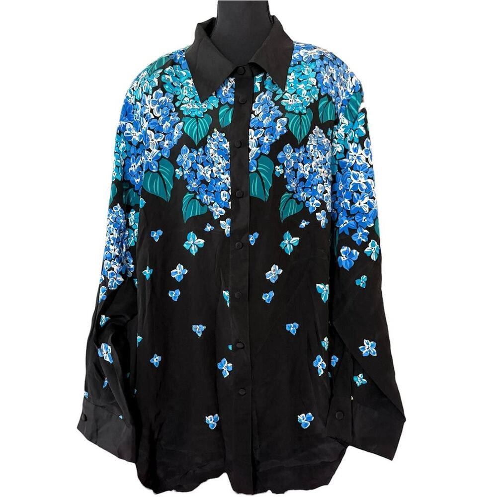 Bob Mackie Wearable Art Silk Blouse 2X Blue Floral Beaded Sequin Button Front